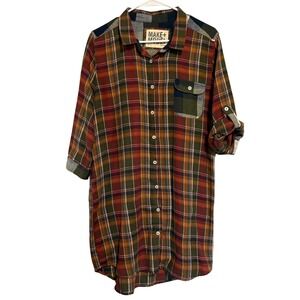 Make + Model Womens Plaid Mixed Pattern Tunic Shirt Red Green Roll Tab Sleeve M